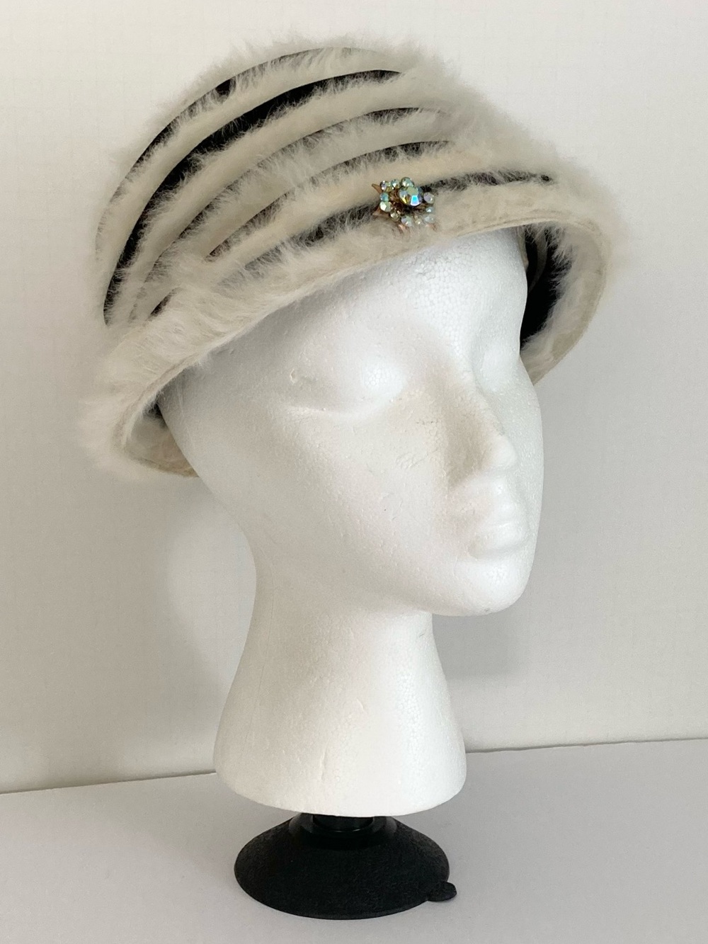 Vintage mod black + white fur and velvet hat Mr. John Jr. design